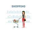 Female Buyer Shopping at Supermarket with Cart Full of Groceries, Daily Grocery Purchase Vector Illustration Royalty Free Stock Photo