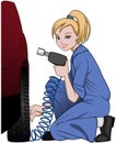 Female car mechanic in blue coveralls fixing a car wheel