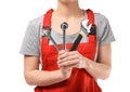 Female car mechanic with tools on white background, closeup Royalty Free Stock Photo