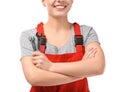 Female car mechanic with tools on white background, closeup Royalty Free Stock Photo