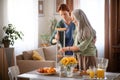 Female caregiver helping senior woman to walk with crutches in her home. Royalty Free Stock Photo