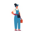 Female carpenter or construction worker, flat vector illustration isolated on white background. Royalty Free Stock Photo