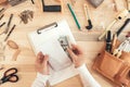 Female carpenter counting money, top view Royalty Free Stock Photo