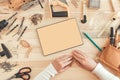 Female carpenter using digital tablet computer, mock up screen Royalty Free Stock Photo