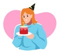 female cartoon character in party hat holding birthday cake and blowing the candle. flat vector illustration. Royalty Free Stock Photo