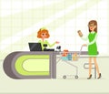 Female cashier and buyer paying for purchases, young woman shopping in supermarket vector Illustration