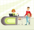 Female cashier and buyer with purchases, young man shopping in supermarket vector Illustration Royalty Free Stock Photo