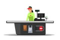 Female cashier in uniform of supermarket checkout standing at counter, waiting customers Royalty Free Stock Photo