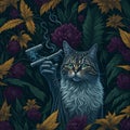 female cat smoking joint on a floral pattern Royalty Free Stock Photo