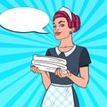 Female Chambermaid with Clean White Towels. Hotel Room Service. Pop Art illustration