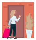 Female character with baggage returning home knocking doors