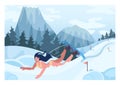 Female character in bikini falling in a snow bank. Snowboarder fell down Royalty Free Stock Photo