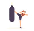 Female in Boxing Gloves Kicking Punching Bag Training Hit for Self Defense Practice or Prepare to Combat Competition