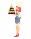 Female character with a cake. Beautiful housewife in dress and apron, woman master baker holding a delicious pie.