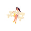 Female character in casual outfit sitting on park bench. Isolated on white. Flat style colorful cartoon stock vector Royalty Free Stock Photo