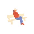 Female character in casual outfit sitting on park bench. Isolated on white. Flat style colorful cartoon stock vector Royalty Free Stock Photo