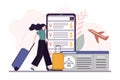 Female character choose and book plane ticket on phone screen. Cartoon woman with suitcase tracked prices in mobile app