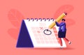 Female Character Circle Date on Huge Calendar Planning Important Matter. Time Management, Work Organization, Reminder Royalty Free Stock Photo