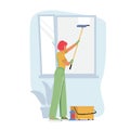Female Character Cleaning Service Employee in Uniform Overalls Washing Window with Scraper. Professional Cleaning Royalty Free Stock Photo