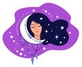 Sleepy woman with crescent moon and shining stars