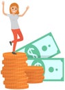 Female character in dance next to finance, stack of gold coins. Positive woman rejoices at wealth Royalty Free Stock Photo