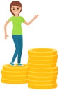 Female character in dance next to finance, stack of gold coins. Positive woman rejoices at wealth Royalty Free Stock Photo
