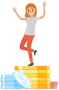 Female character in dance next to finance, stack of gold coins. Positive woman rejoices at wealth Royalty Free Stock Photo