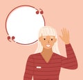 Female character design, a woman with a speech bubble on beige background. Doodle cartoon style Royalty Free Stock Photo