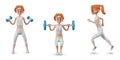 Female character doing sports exercises. Woman trains with dumbbells, squats with barbell, runs Royalty Free Stock Photo