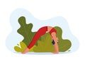 Female character doing yoga exercises on fresh air. Outdoor yoga. Wellness, healthcare and lifestyle concept. Vector illustration