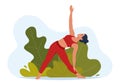 Female character doing yoga exercises on fresh air. Outdoor yoga. Wellness, healthcare and lifestyle concept. Vector illustration