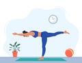 Female character doing yoga exercises at home. Wellness, healthcare and lifestyle concept. Vector illustration