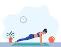 Female character doing yoga exercises at home. Wellness, healthcare and lifestyle concept. Vector illustration