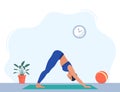 Female character doing yoga exercises at home. Wellness, healthcare and lifestyle concept. Vector illustration