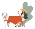 Female character drinking red wine sitting by table alone