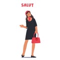 Female Character Elegantly Saying Salut. Woman With A Warm Smile, Extends A Friendly French Greeting Vector Illustration