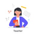Female character enjoing working as a teacher in school on white background