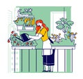 Female Character Enjoying Gardening Hobby. Woman Working on Balcony Garden Care of Plants and Watering Vegetable in Pots