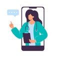 Female Character Family Doctor online in Phone, Visiting doctor teaching or consultation with Patient Files, Prescribing