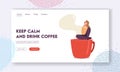 Female Character Having Rest in Recreational Place Landing Page Template. Tiny Woman Relaxing on Coffee Break Sit on Cup