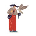 Female character with hawking glove holding falcon and professional equipment, falcon training, Falconry cartoon vector