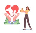 Female Character Hold Little Kitten in Carton Box near Heart Symbol. Care of Animals, Pets Rescue and Protection Concept Royalty Free Stock Photo