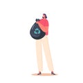 Female Character Holding Garbage Sack with Recycling Symbol. Sorting and Reusing Wastes Environmental Ecological Concept