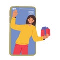 Female Character Holding Gift Box on Huge Smartphone Screen, Social Spam, Loyalty Program, Bonus, Discount or Sale