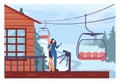 Female character holding a skipass on a ski lift platform. Chairlift lifting