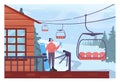 Female character holding a skipass on a ski lift platform. Chairlift lifting