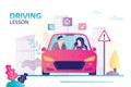 Female character learning to drive. Instructor sitting in car next to beginner driver.Concept of driving school, education and Royalty Free Stock Photo