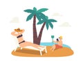 Female Character Lost Phone Concept. Relaxed Woman Tanning on Chaise Longue while her Little Child Play with Smartphone