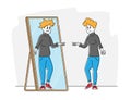 Female Character with Low Self-esteem Looking at Mirror See herself Reflection as Ugly Woman with Old Haggard Face Royalty Free Stock Photo