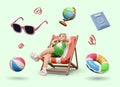 Female character is lying in folding chair. Concept of rest, travel around world